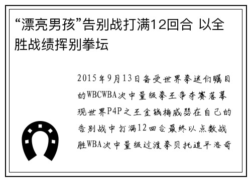 “漂亮男孩”告别战打满12回合 以全胜战绩挥别拳坛